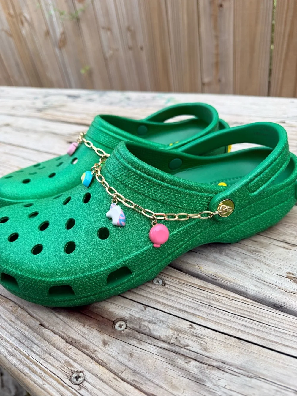 CROCS Kids Green Glitter Clogs with Charm Chain